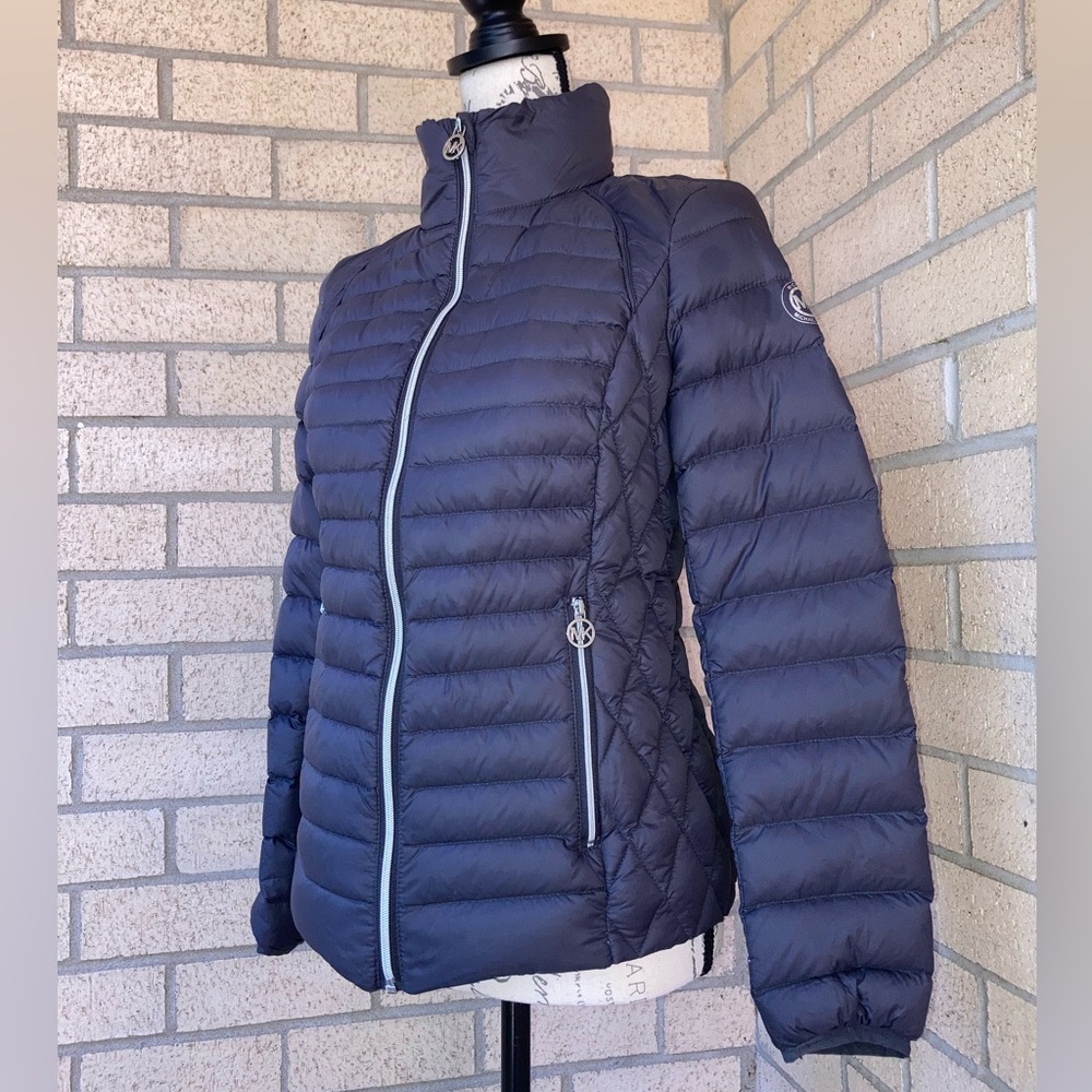 Michael Kors Packable Down Filled Dark Grey Puffer Jacket Coat Silver Hardware - Picture 1 of 17